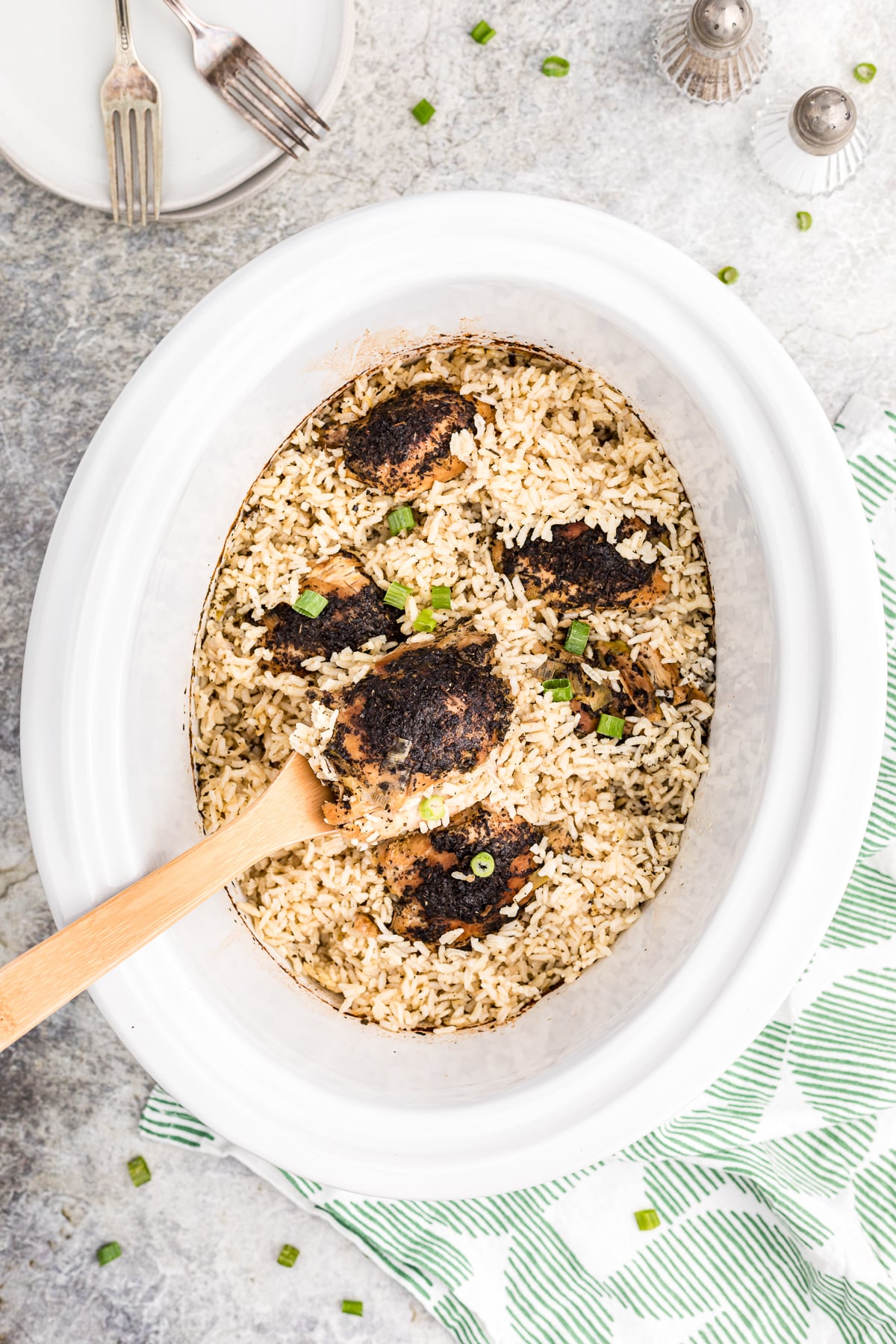 Chicken and basil with rice in a crockpot.