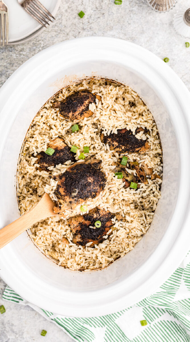 close up of basil chicken and rice in the slow cooker.