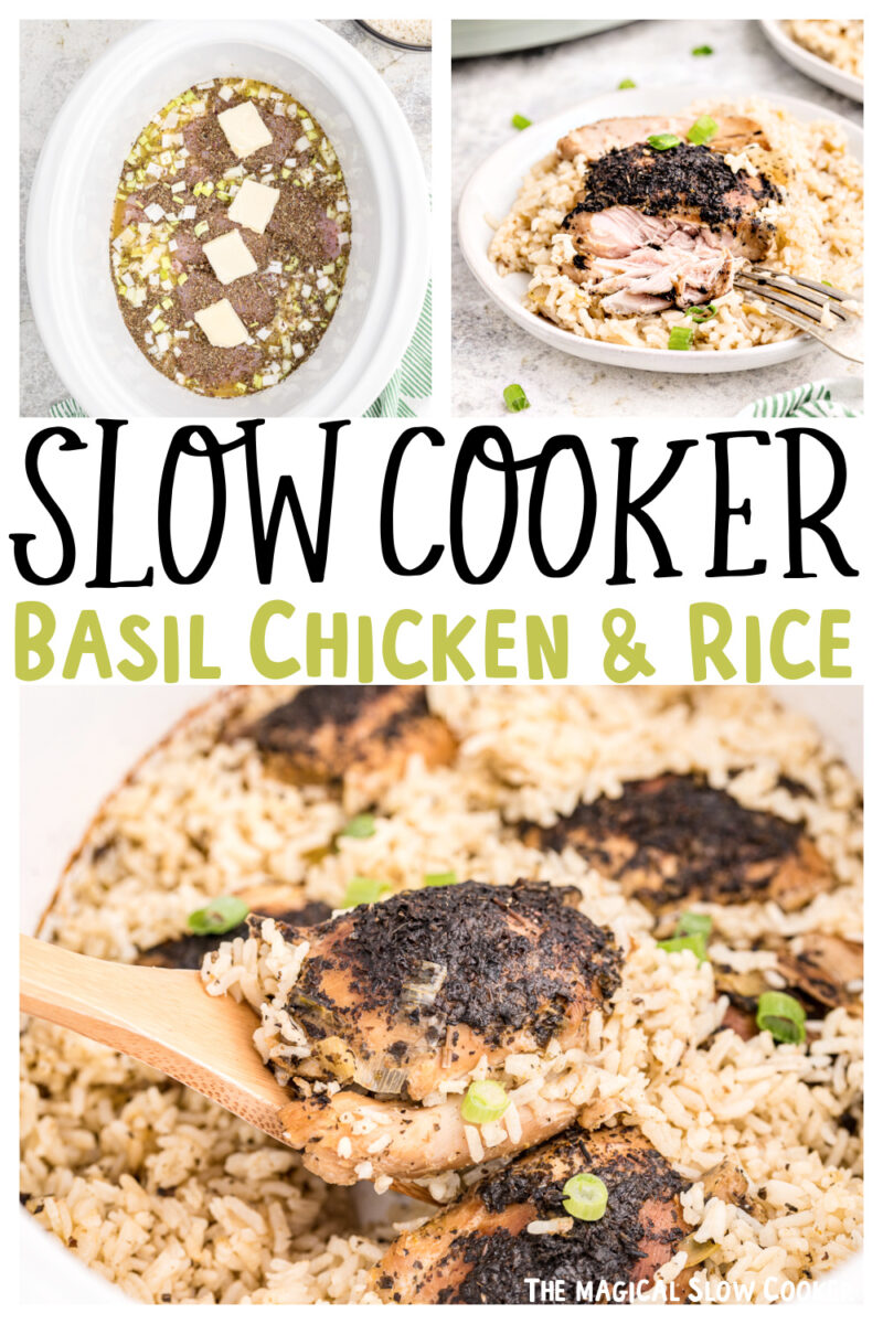 collage of basil chicken and rice with text for pinterest.
