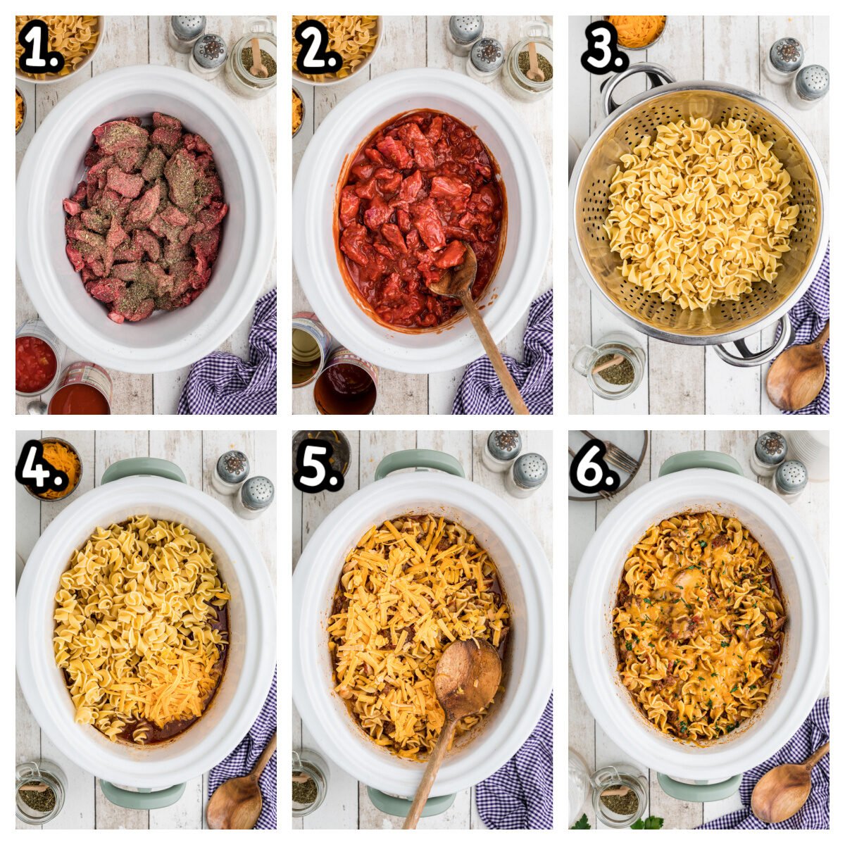 6 images showing how to make beef noodle casserole in a crockpot.