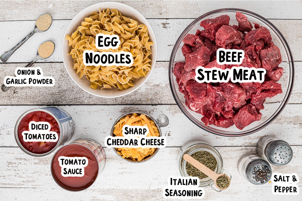 ingredients for beef noodle casserole on a table.