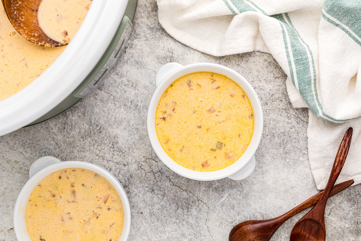 2 bowls of beer cheese soup and some in the slow cooker.