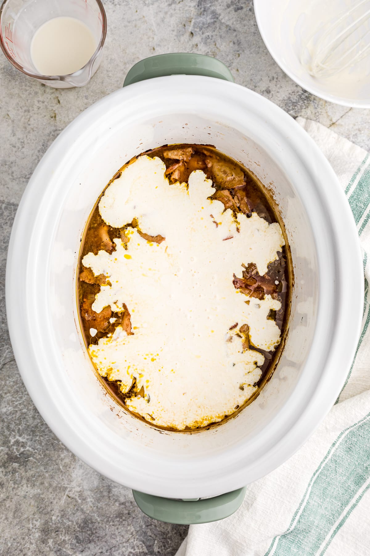 the cream mixture added to the beer cheese soup base.