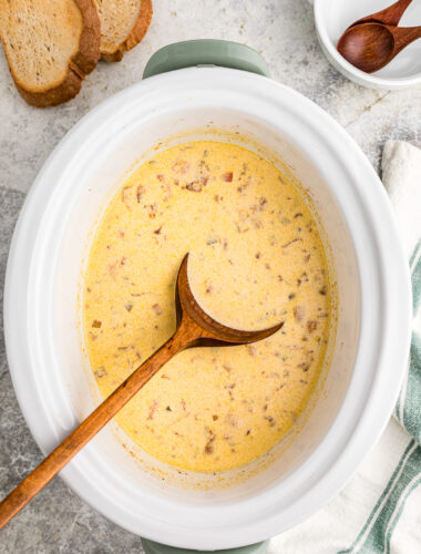 cooked beer cheese soup in the crockpot.