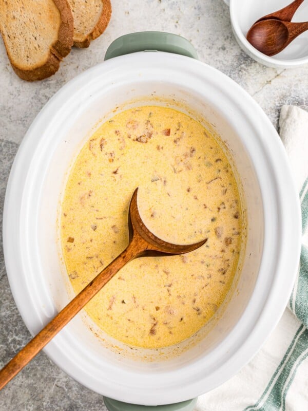 cooked beer cheese soup in the crockpot.