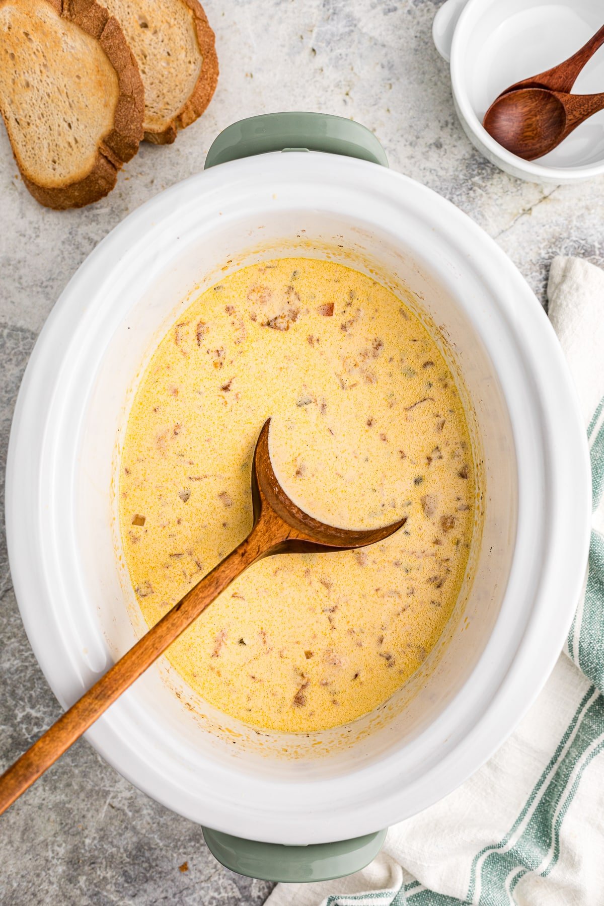 cooked beer cheese soup in the crockpot.