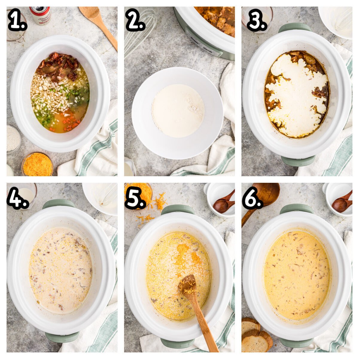 6 images showing how to make beer cheese soup in the slow cooker.