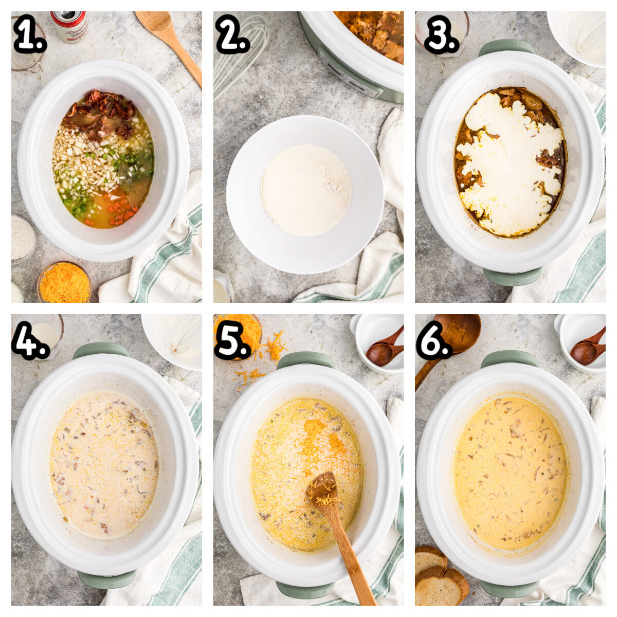 6 images showing how to make beer cheese soup in the slow cooker.