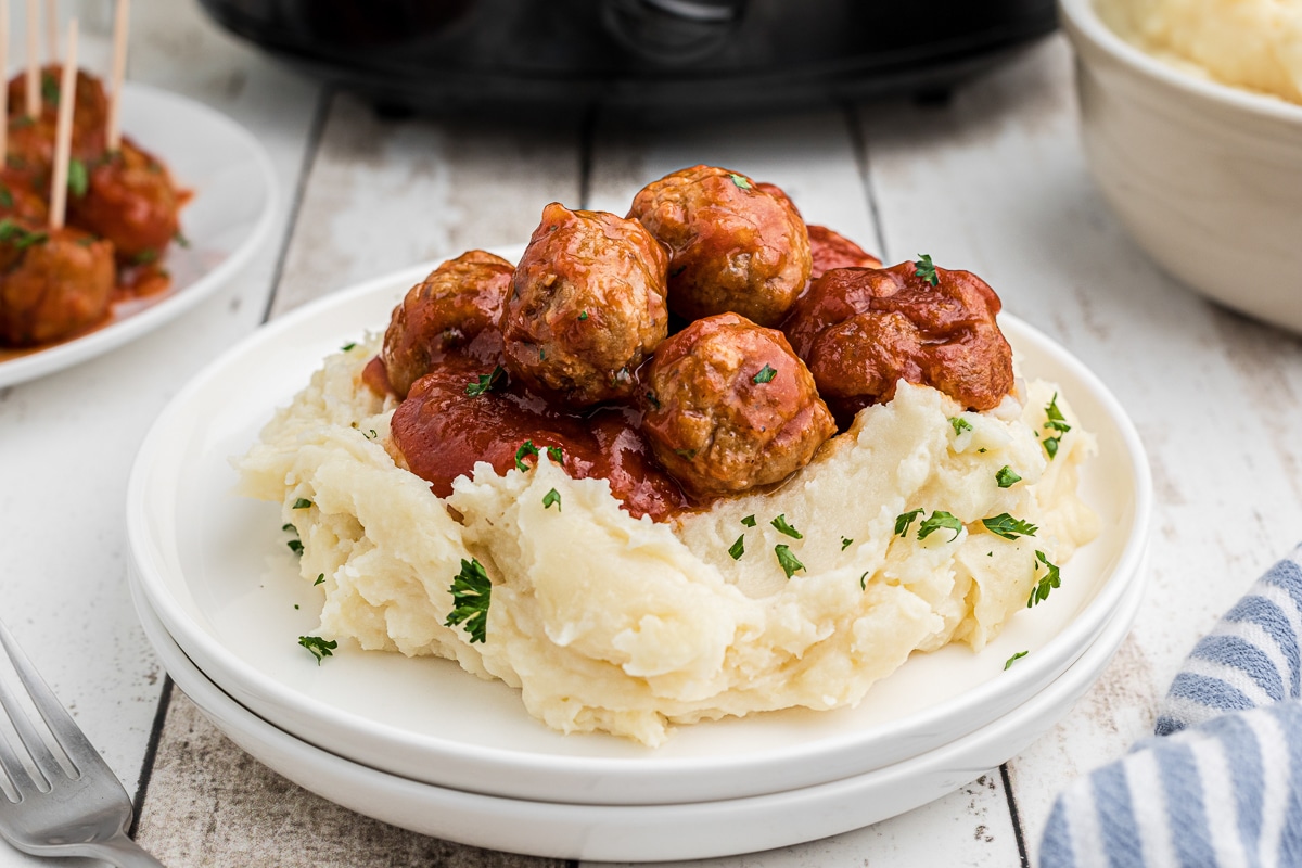 Beer meatballs on mashed potatoes.