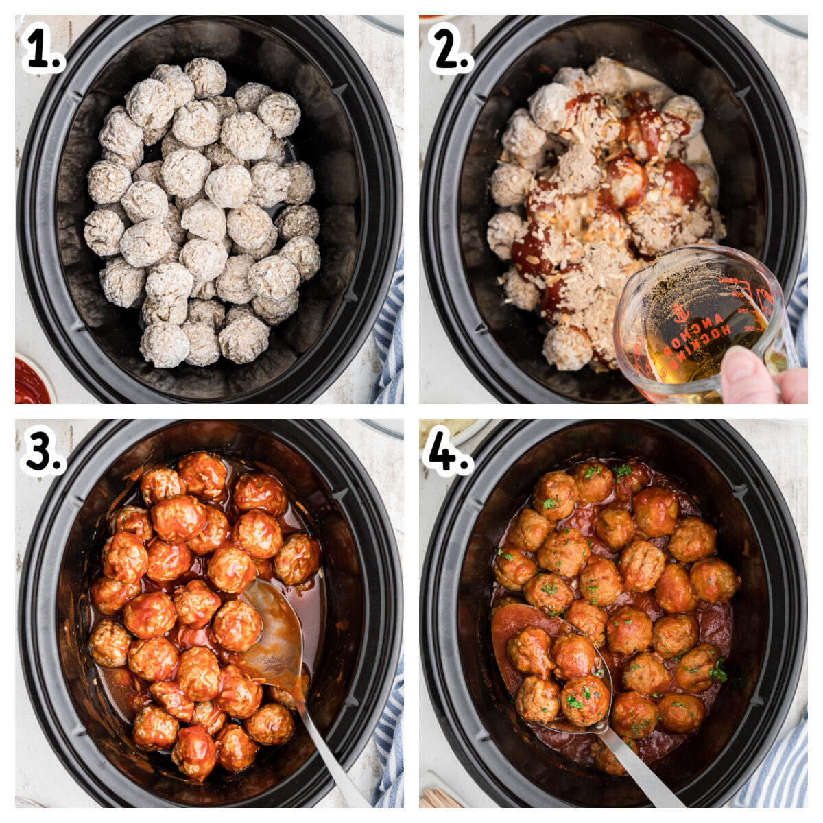 Four images showing how to make beer meatballs in a crock pot.