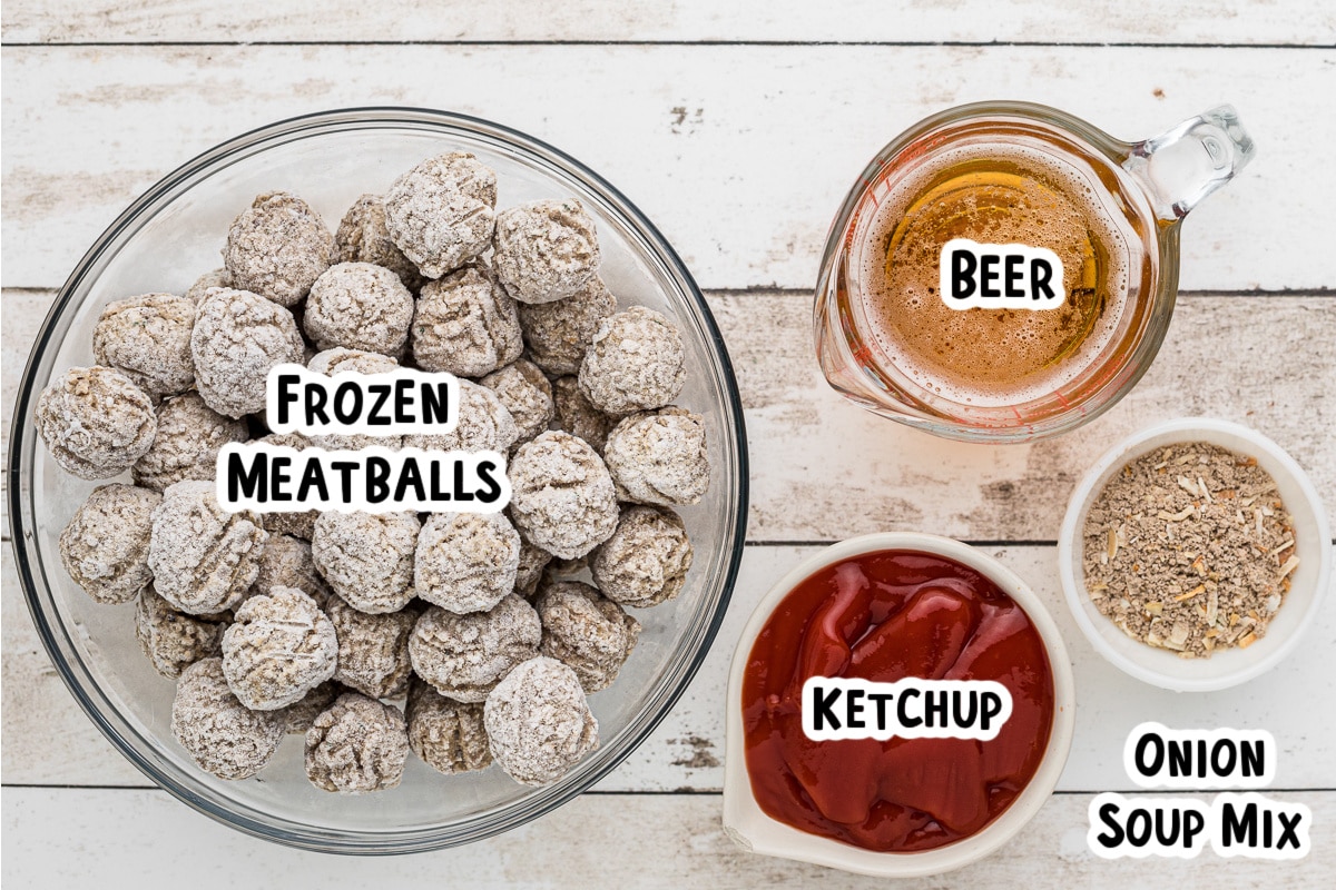 Ingredients for beer meatballs on a table.