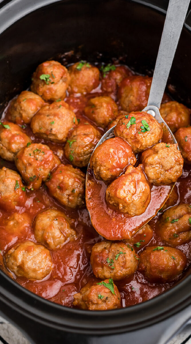 Long image of beer meatballs for pinterest.