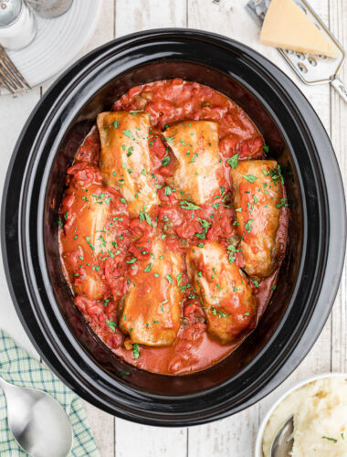 Cooked cabbage rolls in the crockpot.