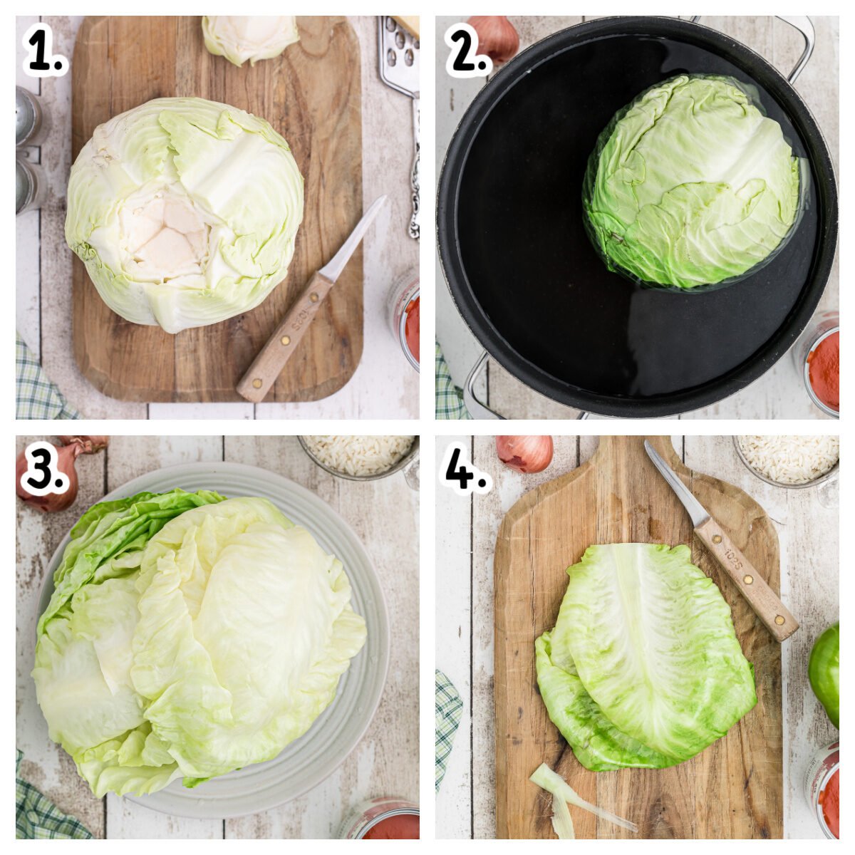 4 images showing how to boil and peel leaves off cabbage.