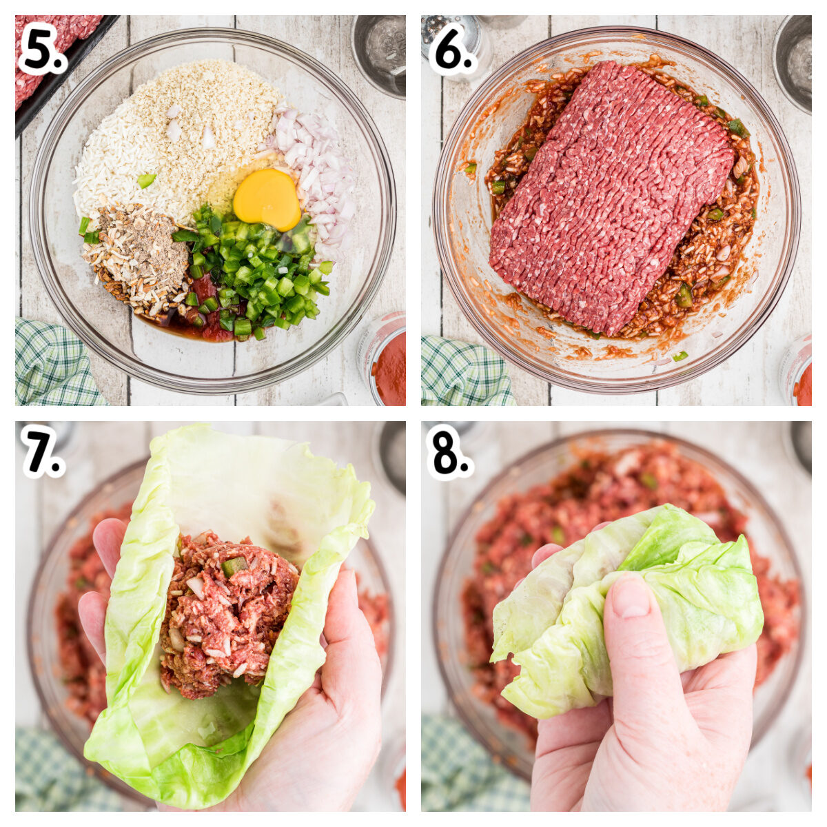 4 images showing how to make the filling for cabbage rolls.