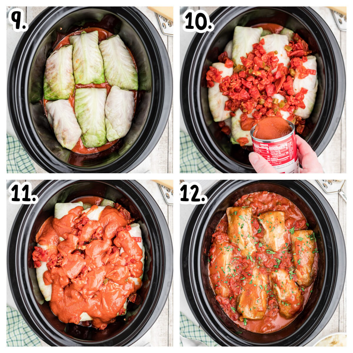 4 Images showing how to assemble and layer cabbage rolls in the slow cooker.