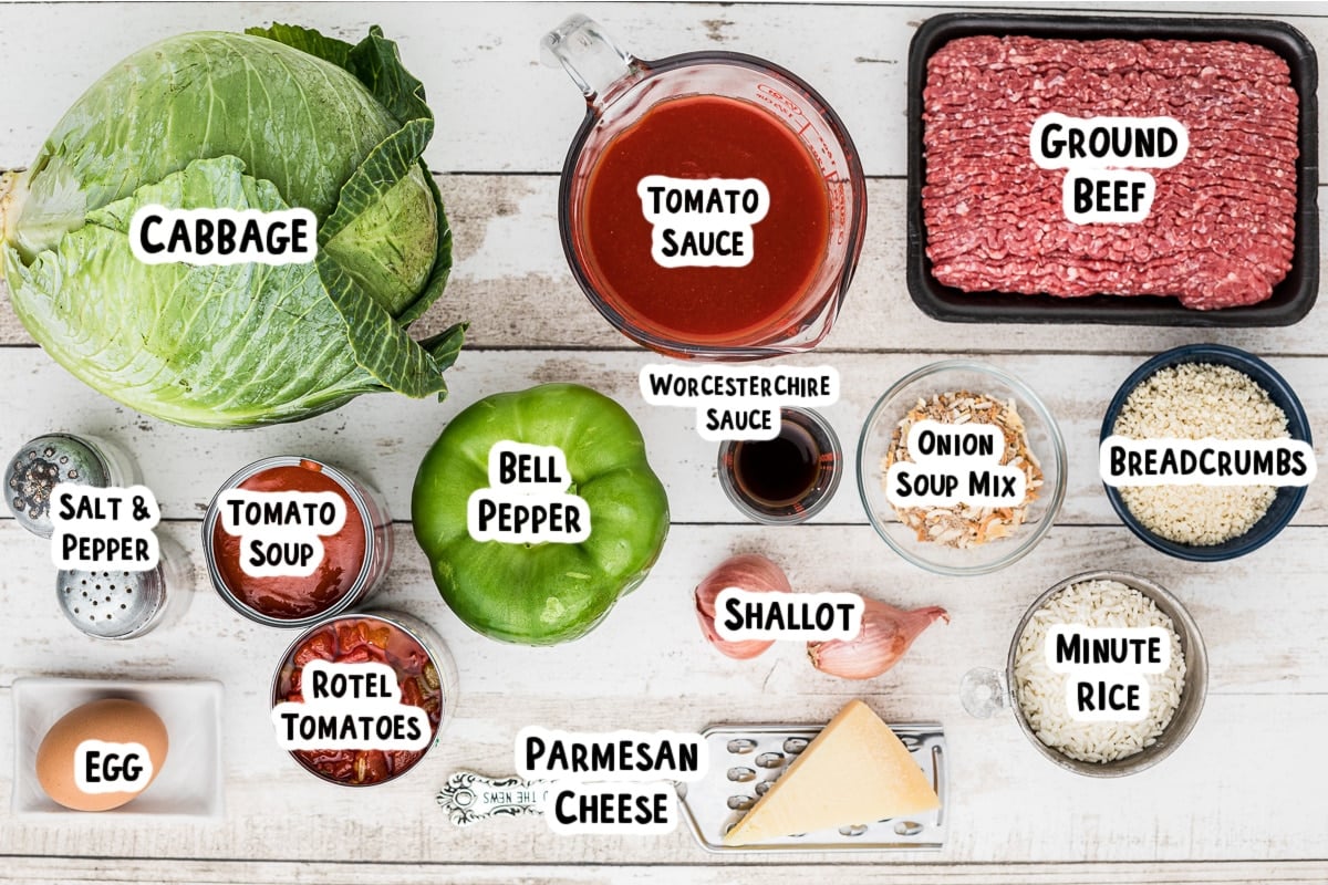 Ingredients for cabbage rolls on a table.