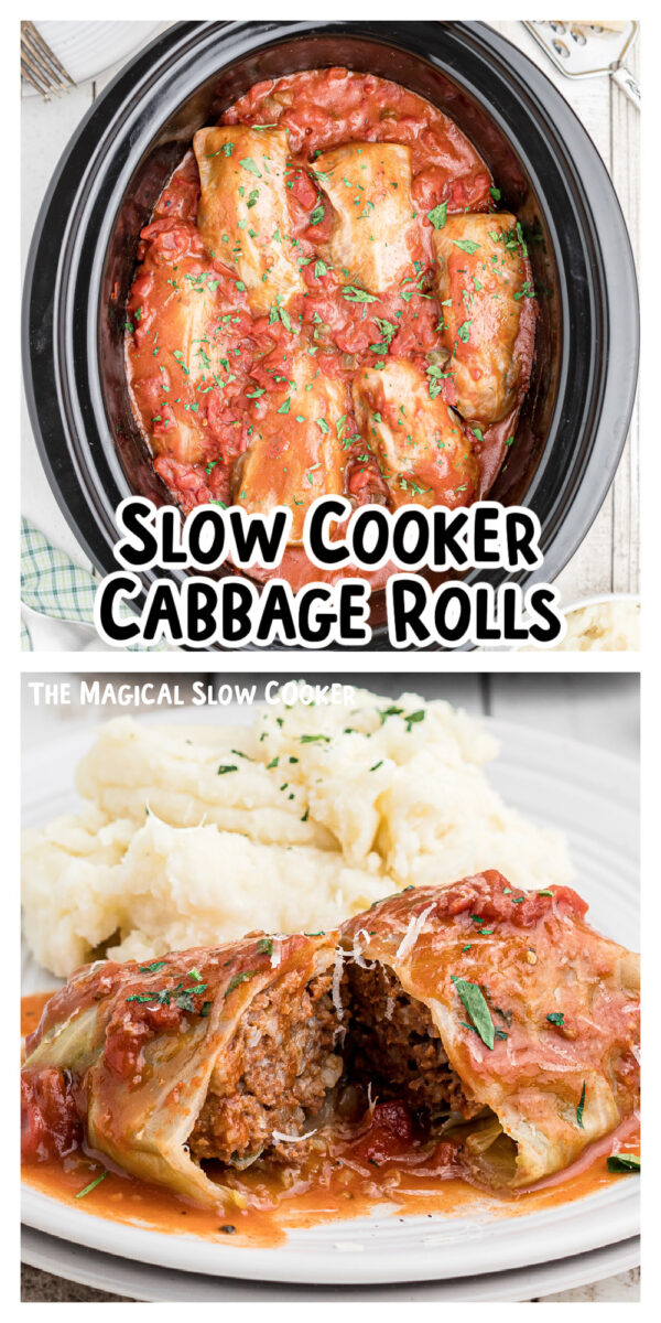 2 images of cooked cabbage rolls for pinterest.