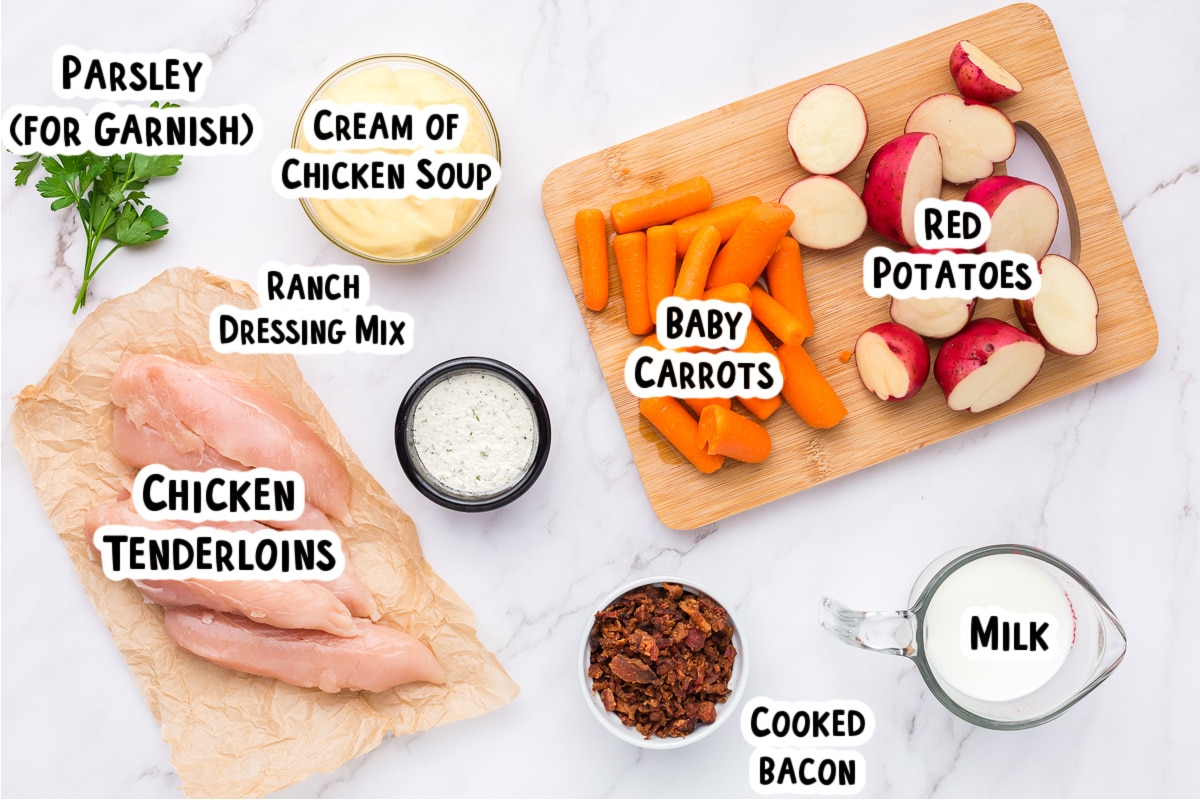 Ingredients for creamy ranch chicken and potatoes on a table.