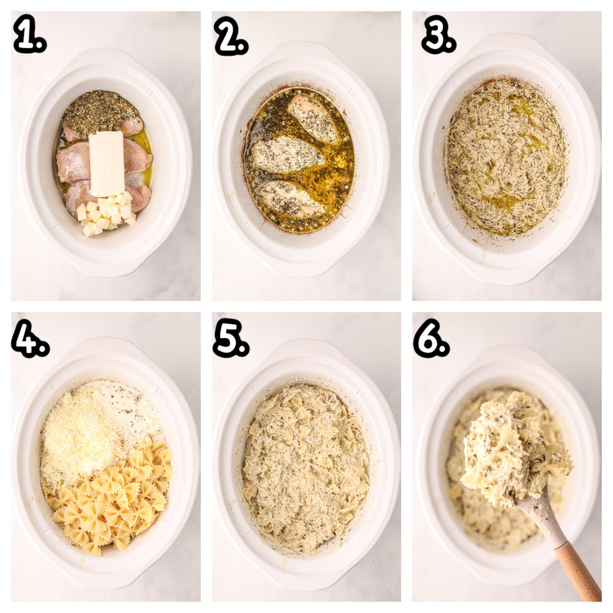 6 images of how to make pesto pasta in a crockpot.