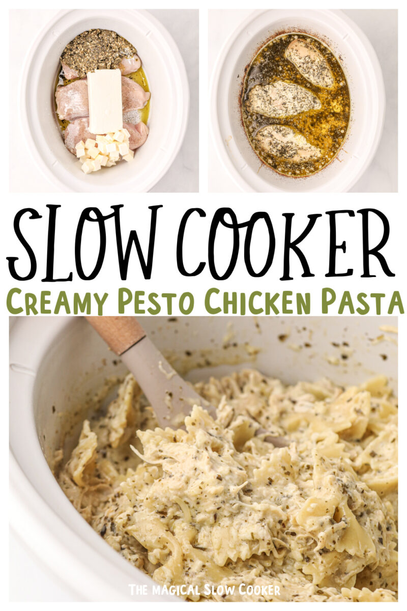 Collage of creamy pesto chicken pasta with text overlay for pinterest.