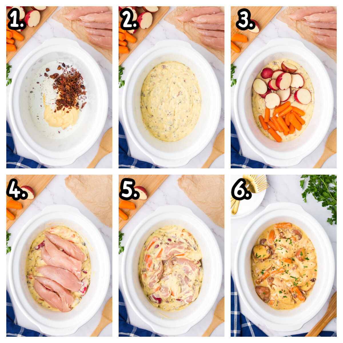 6 images of how to make creamy ranch chicken in a slow cooker.