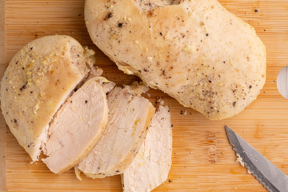 Close up of sliced chicken breasts.