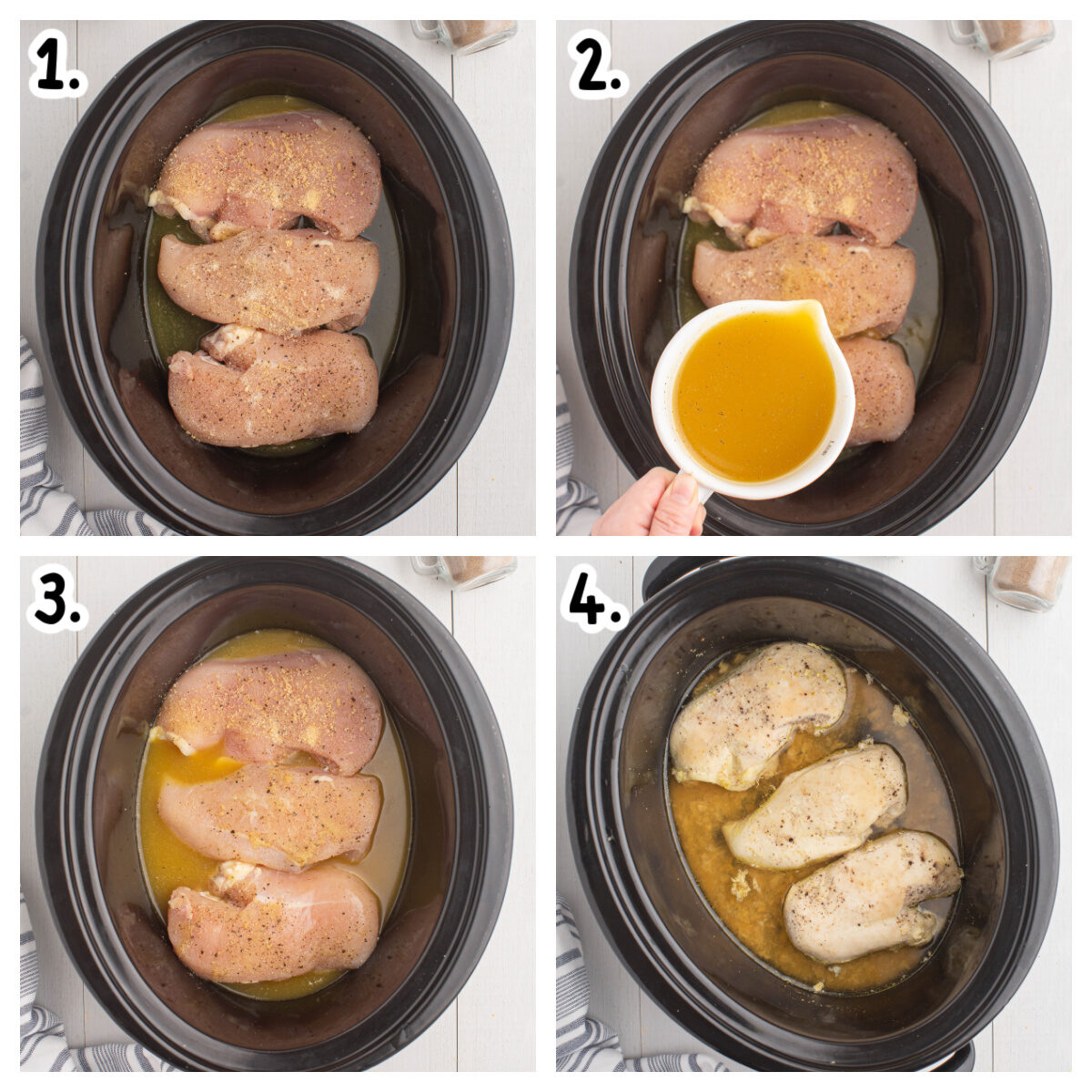 Four images showing how to make chicken breasts in a crockpot.