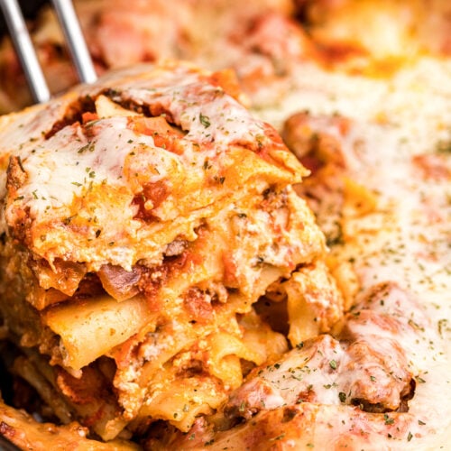 Close up of lasagna on a spatula.