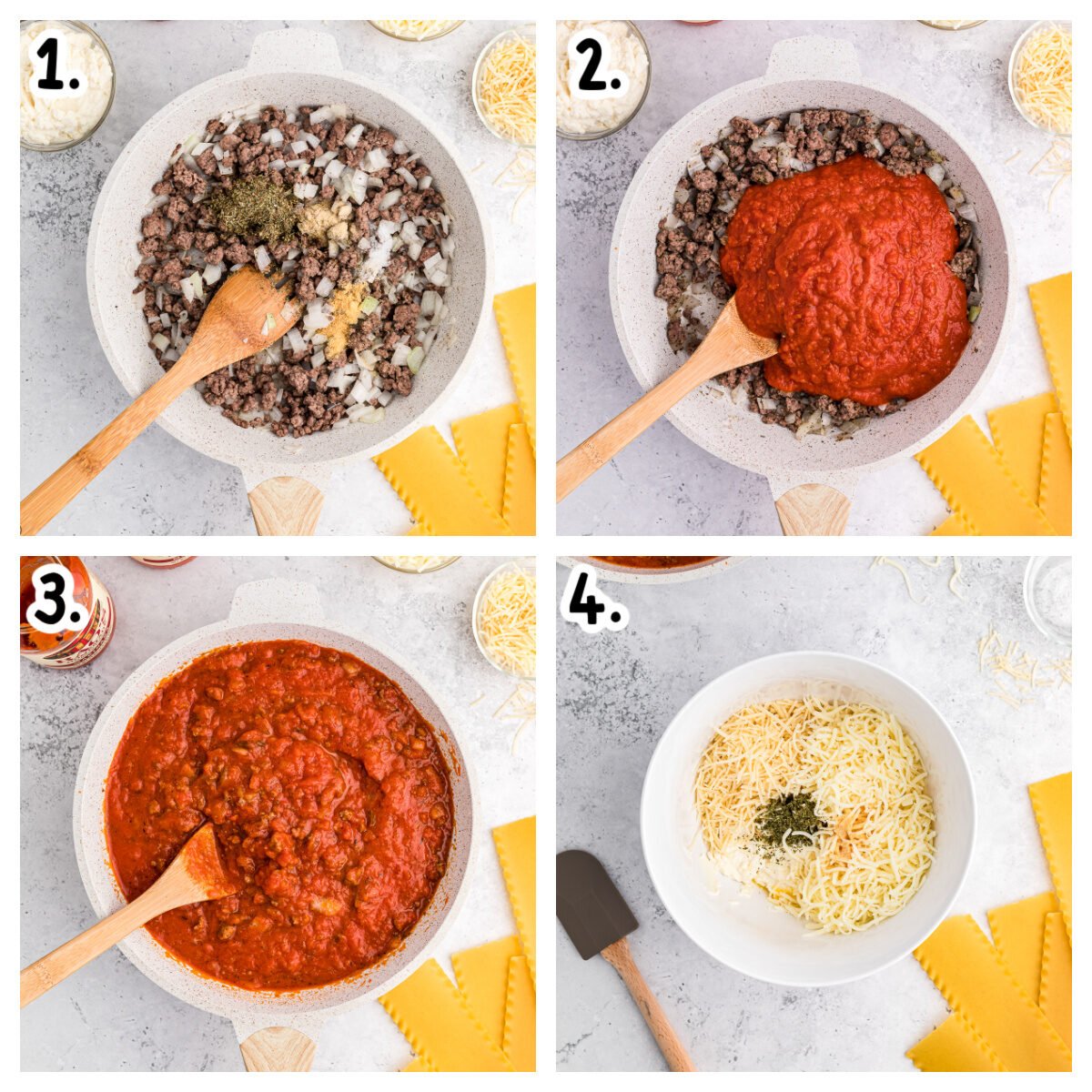 four images showing how to make sauce and ricotta mixture for lasagna.