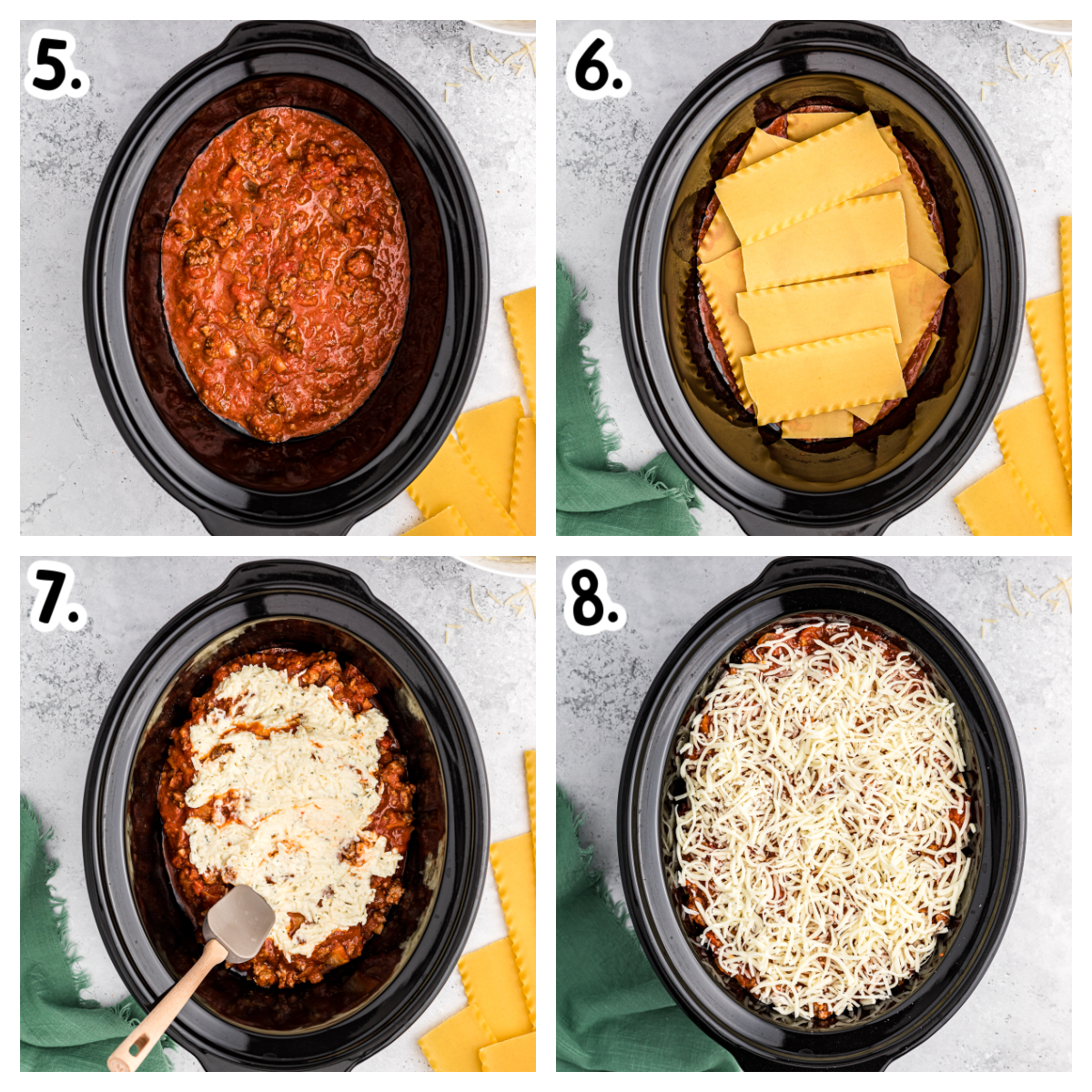 4 images showing how to assemble lasagna in slow cooker.