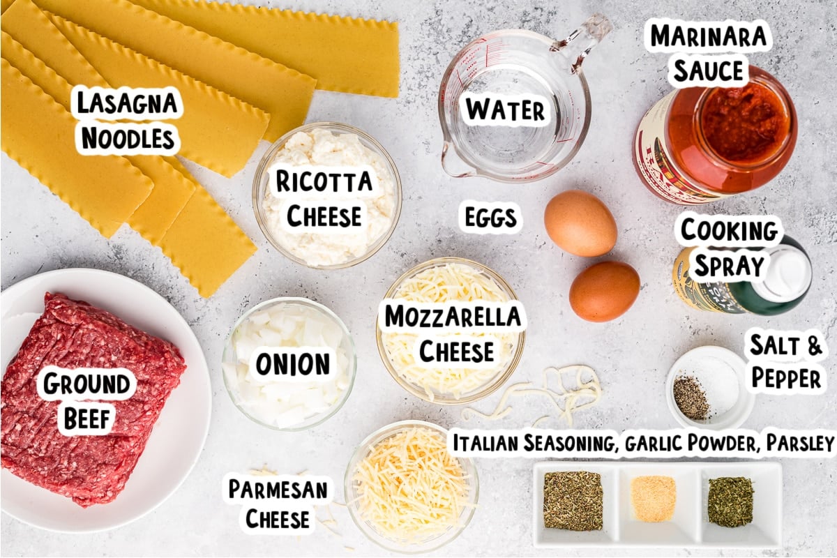 Ingredients for lasagna on a table.
