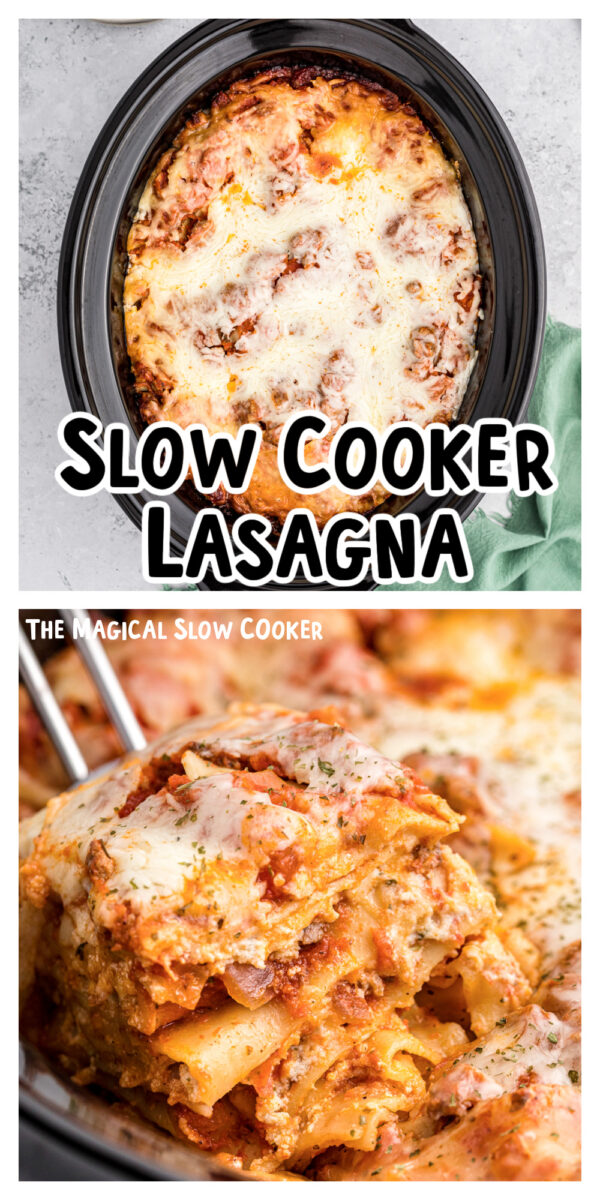 2 images of cooked lasagna for pinterest.