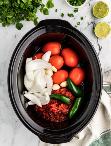 ingredients for salsa in a crockpot.