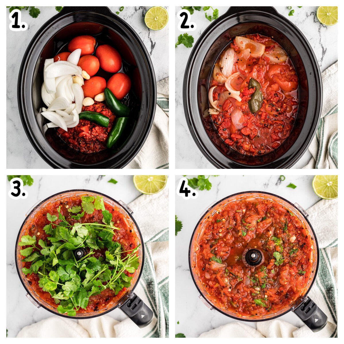 Four images showing how to make salsa in a crockpot then put into a food processor.