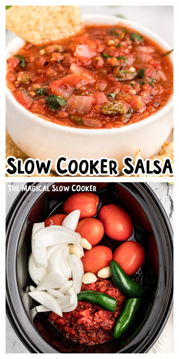 2 images of crockpot salsa, before and after cooking.
