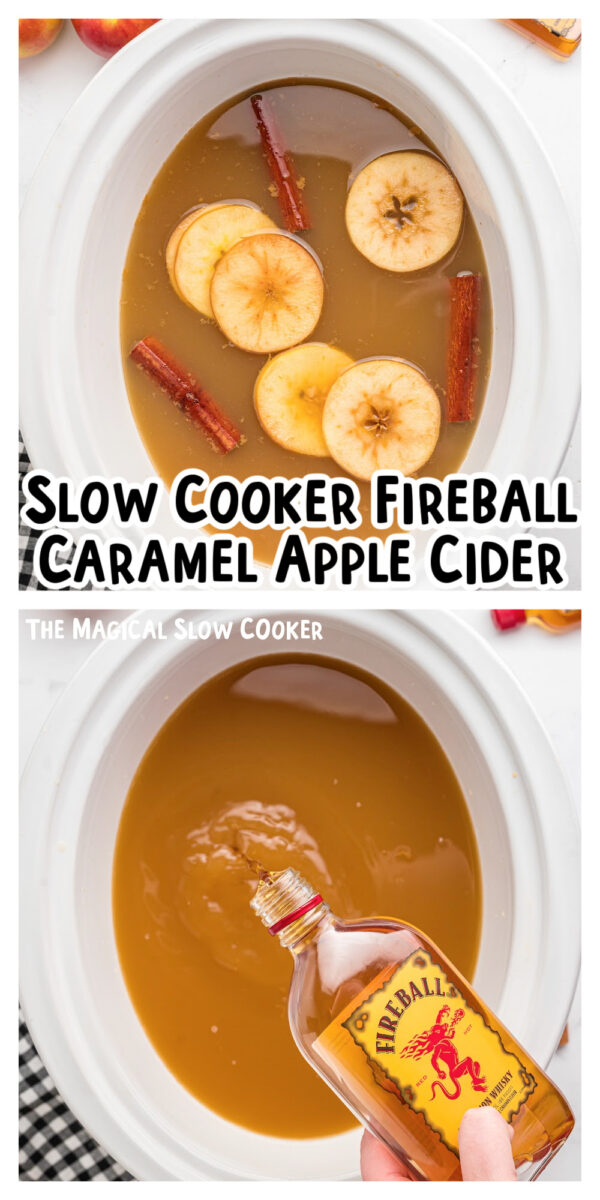 2 images of fireball caramel cider for pinterest.