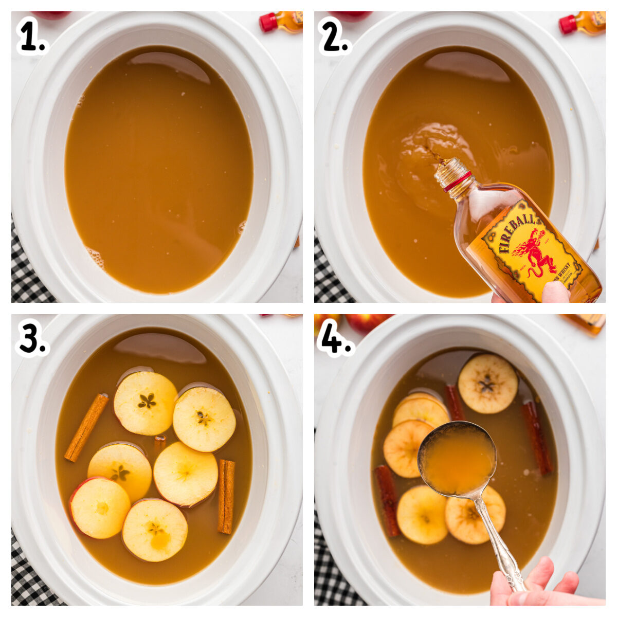 4 images showing how to make fireball caramel apple cider.