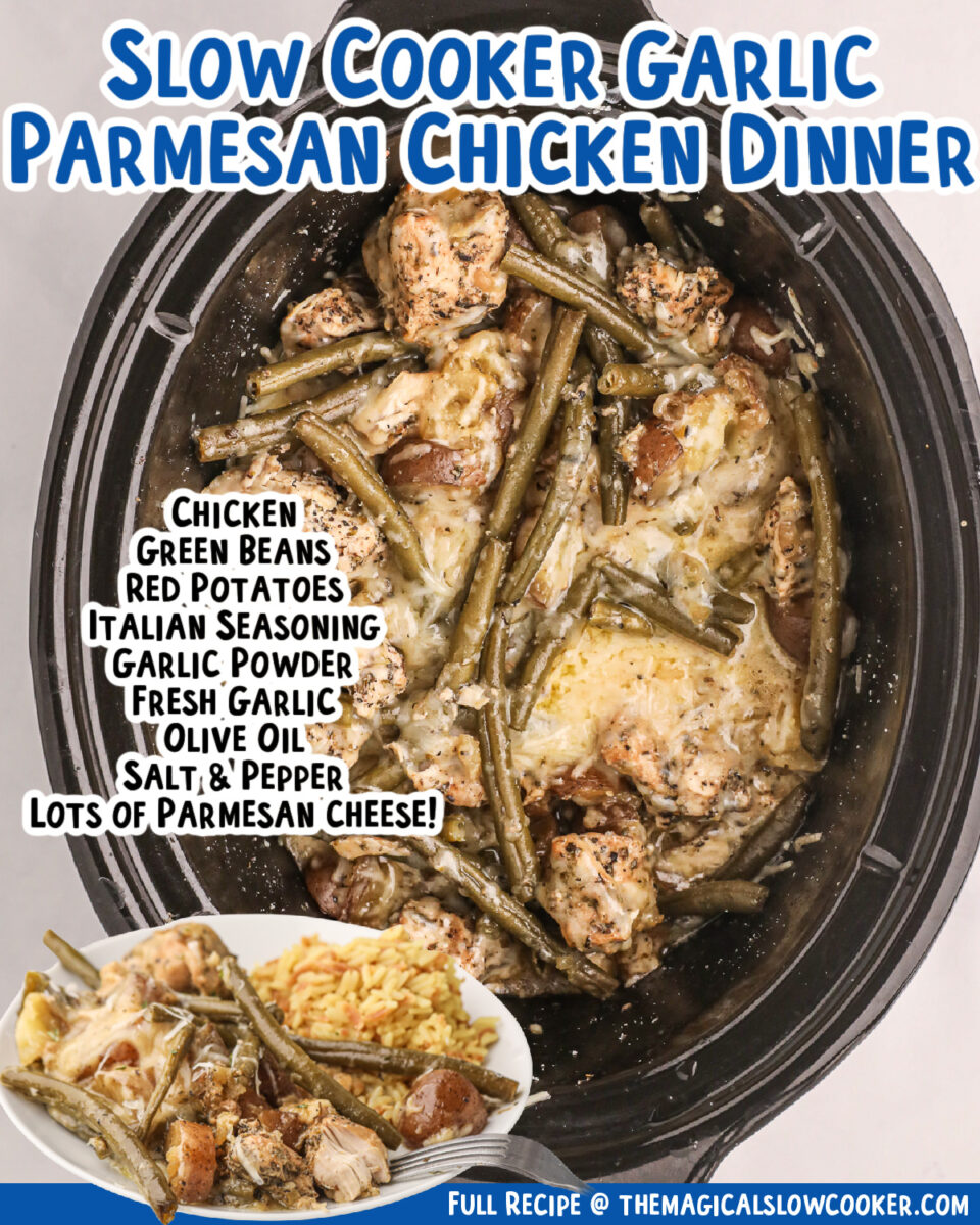 2 images of garlic parmesan chicken dinner with text of what the ingredients are for facebook.