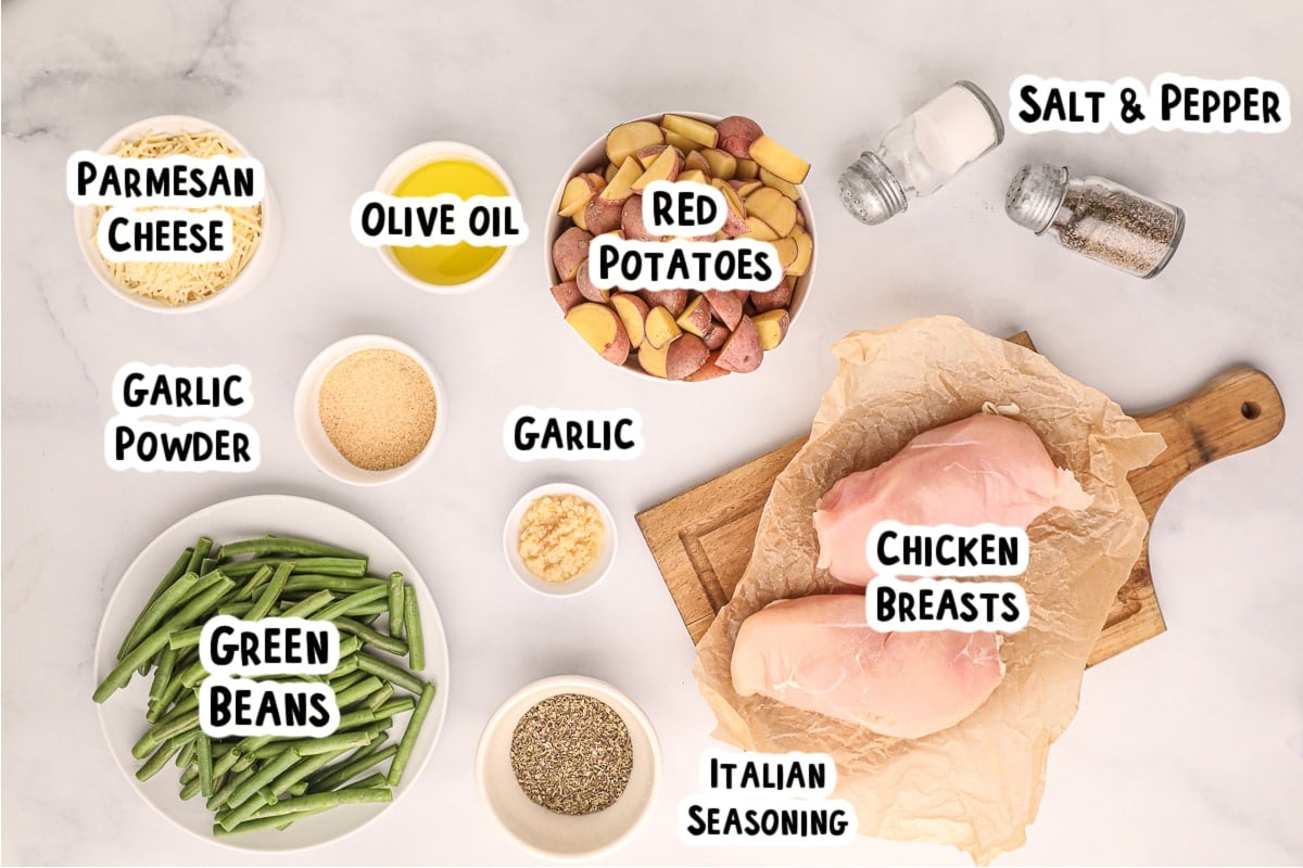 ingredients for garlic parmesan chicken on a table.