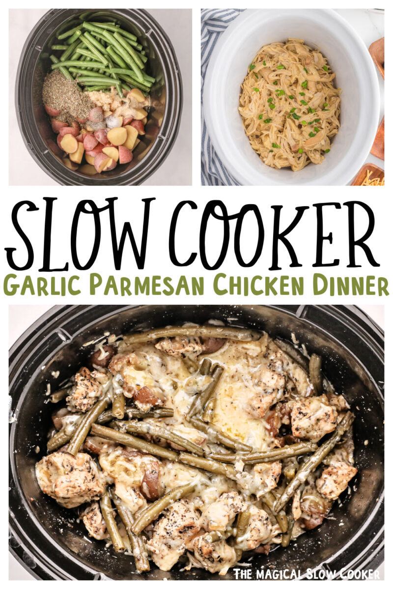 collage of garlic parmesan chicken dinner with text overlay for pinterest.