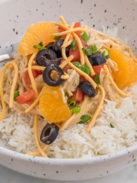 close up of hawaiian haystacks in a bowl.