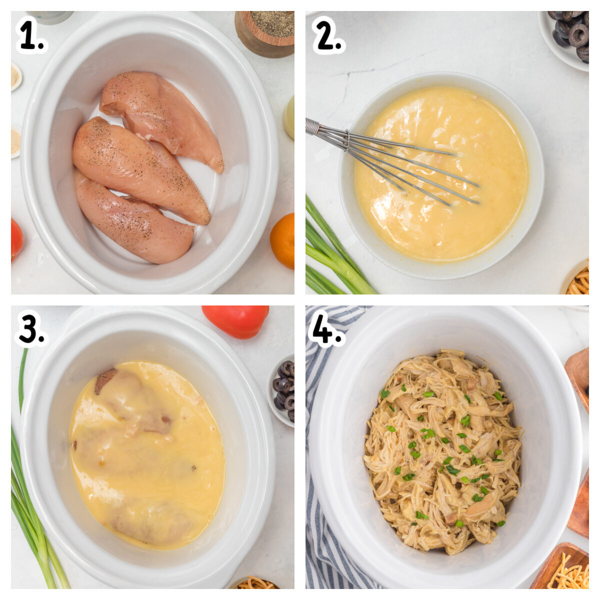 Four images of how to make hawaiian haystack chicken in a crockpot.