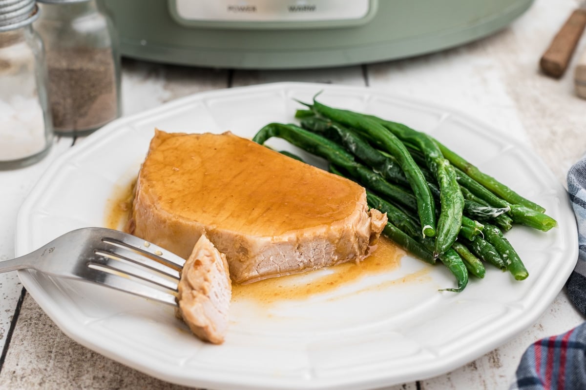 plate with slice of honey garlic pork loin.