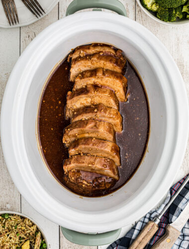 Crockpot full of honey garlic pork loin.