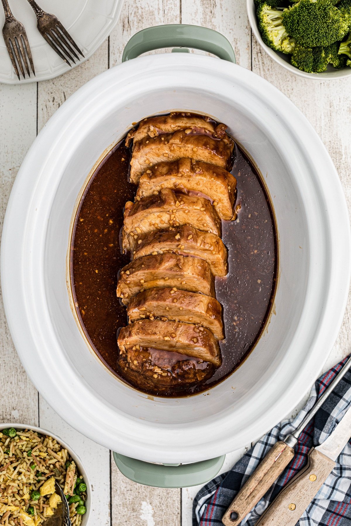 Crockpot full of honey garlic pork loin.