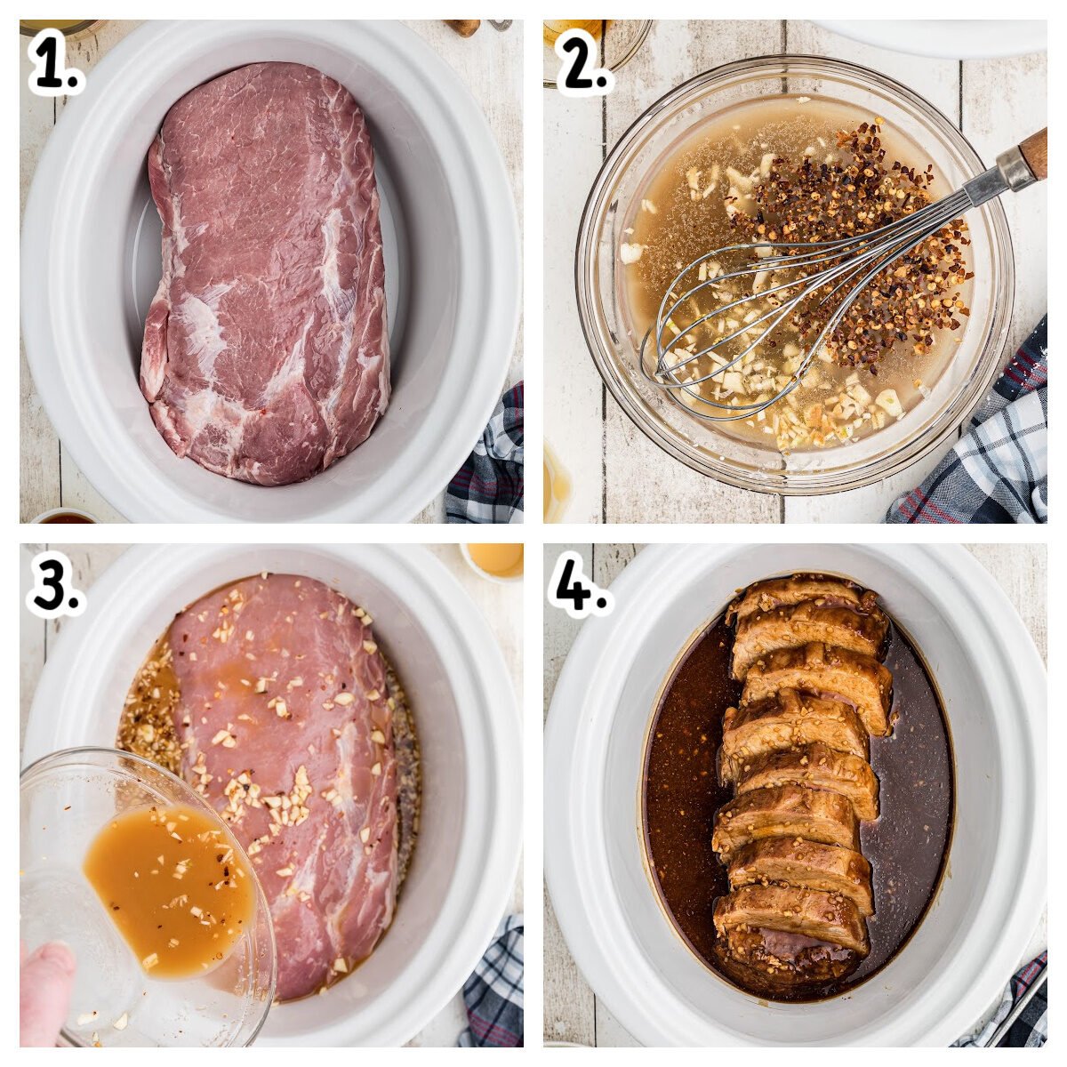 4 images showing how to make honey garlic pork loin in the slow cooker.