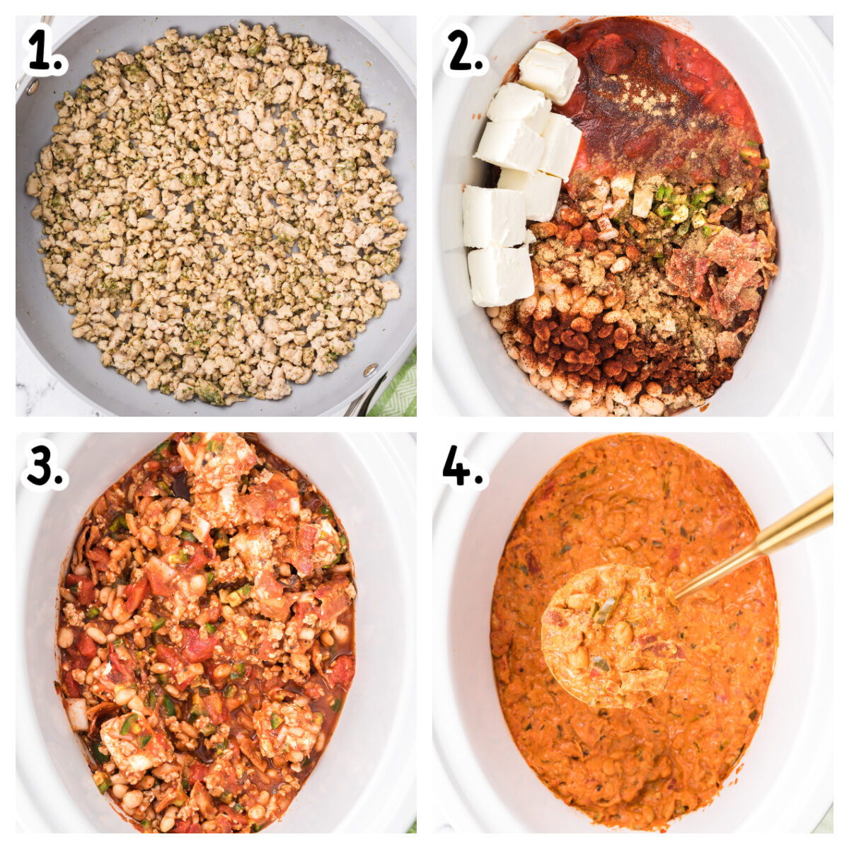 4 images showing how to make jalapeno popper chicken chili in a crockpot.