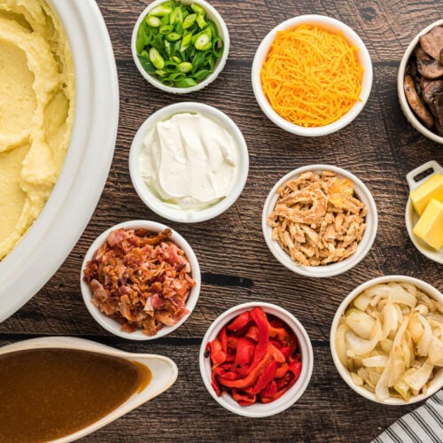 overhead shot of mashed potato bar.