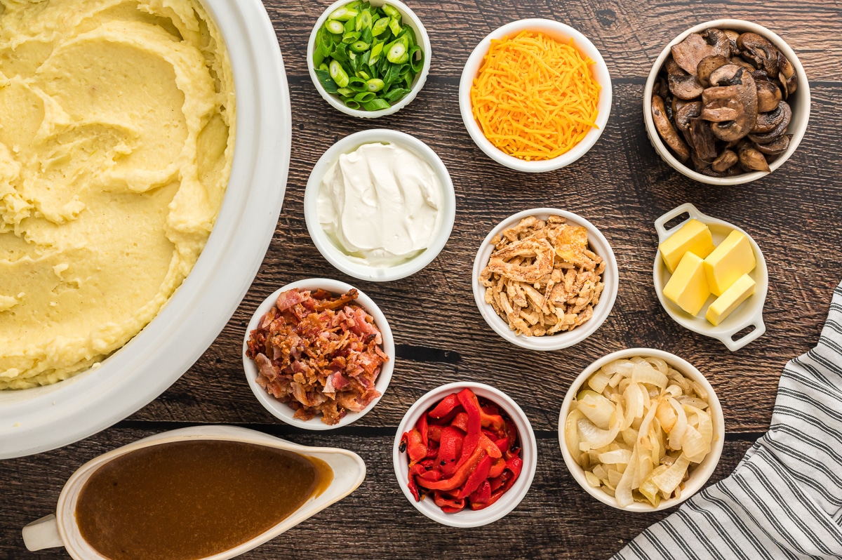 overhead shot of mashed potato bar.